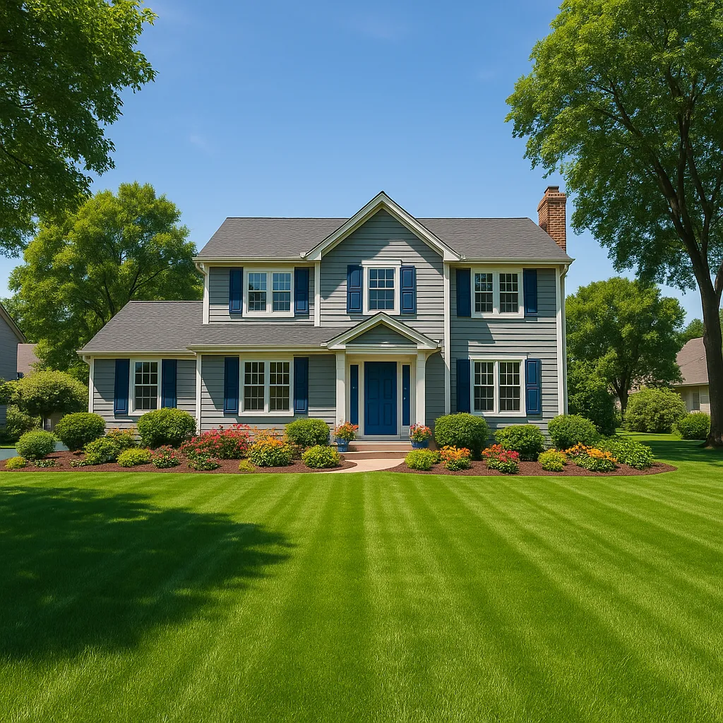 Lush green Minnesota lawn in front of a well-maintained suburban home in summer
