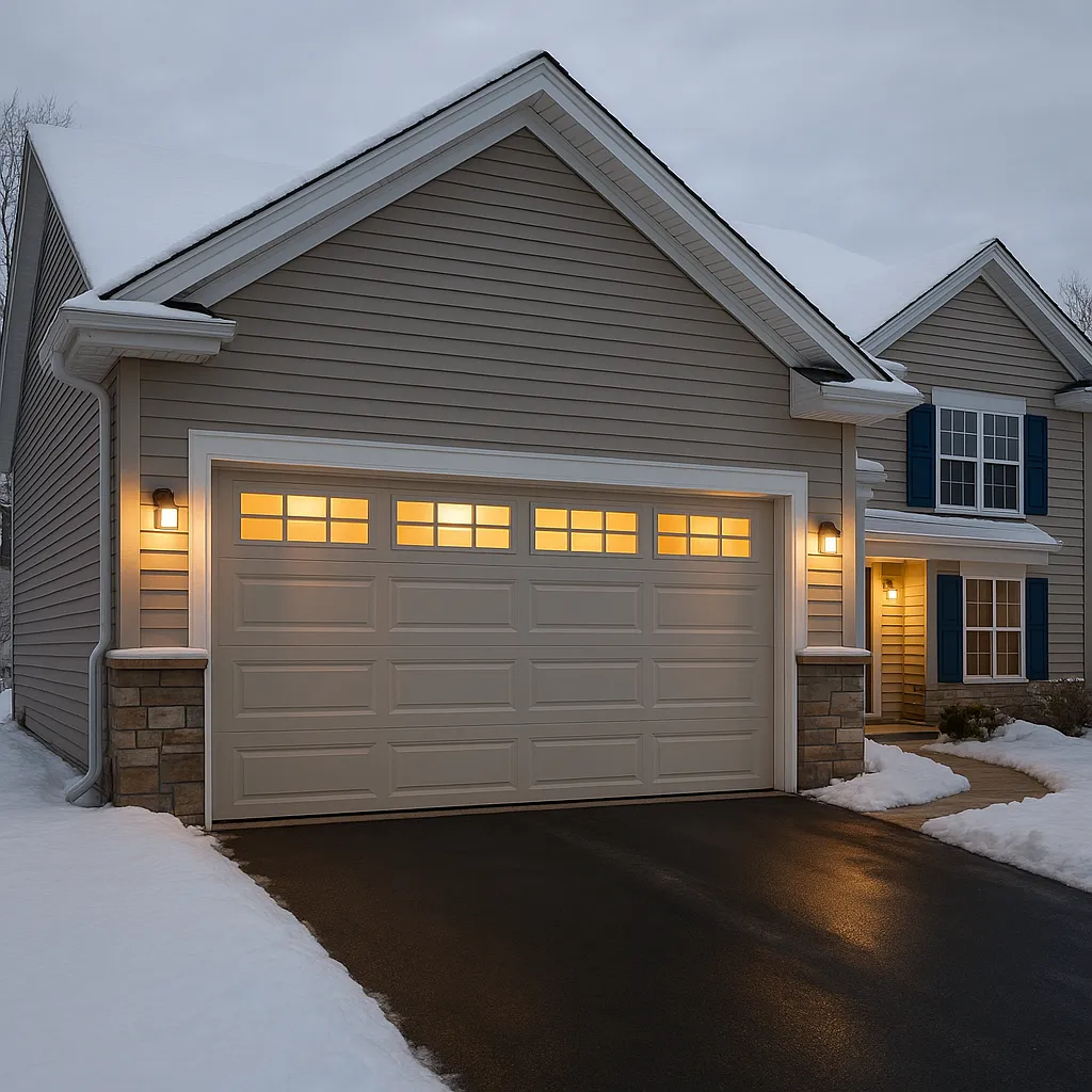 Well-maintained attached garage on a Minnesota home in winter with an insulated garage door and cleared driveway