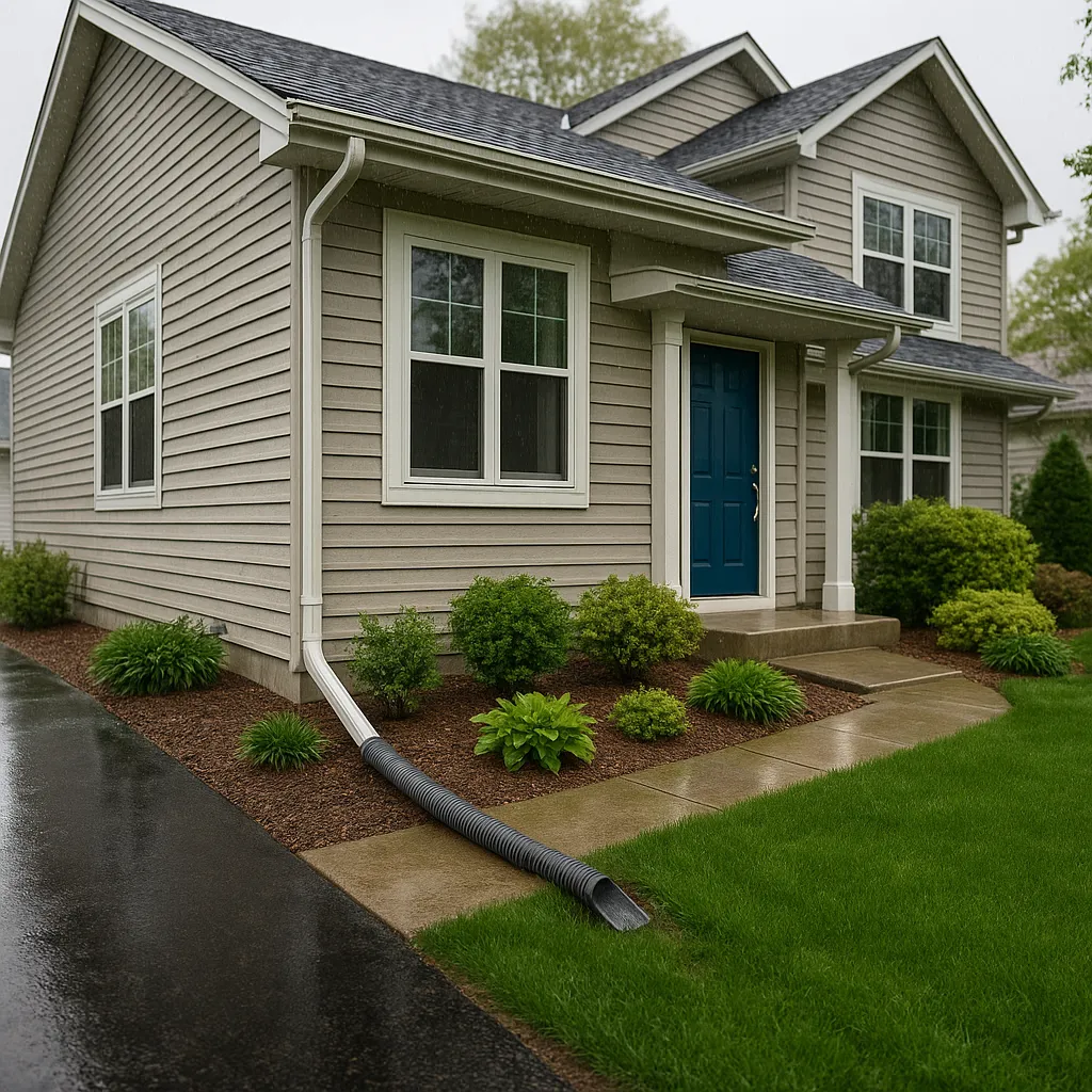 Minnesota home exterior in spring showing proper water drainage with gutters, downspout extensions, and grading away from the foundation