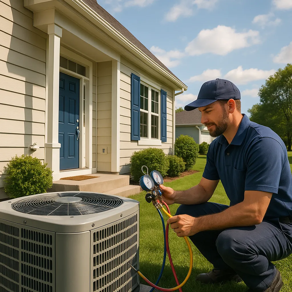 HVAC technician inspecting a central air conditioner condenser unit outside a Minnesota suburban home in summer