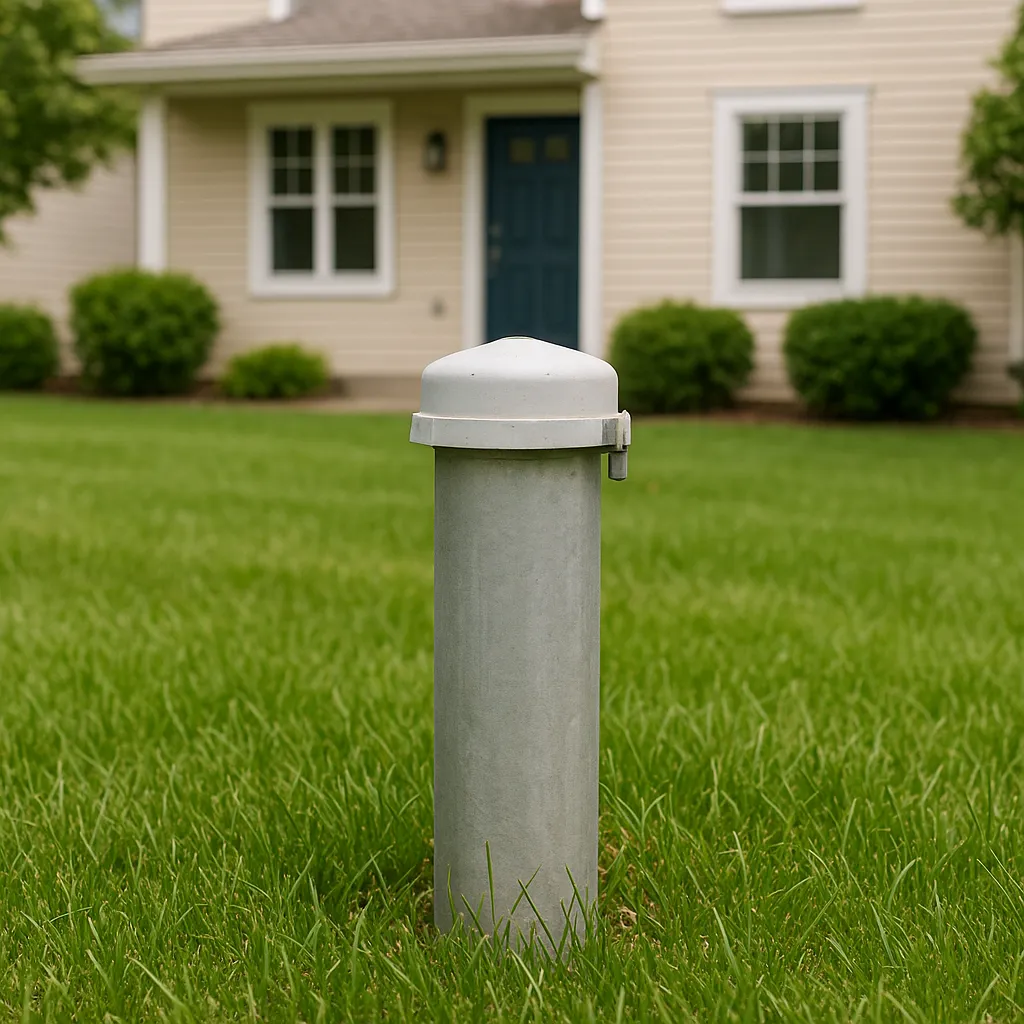 Private well cap and casing properly installed in a green Minnesota suburban yard with a well-maintained home in the background
