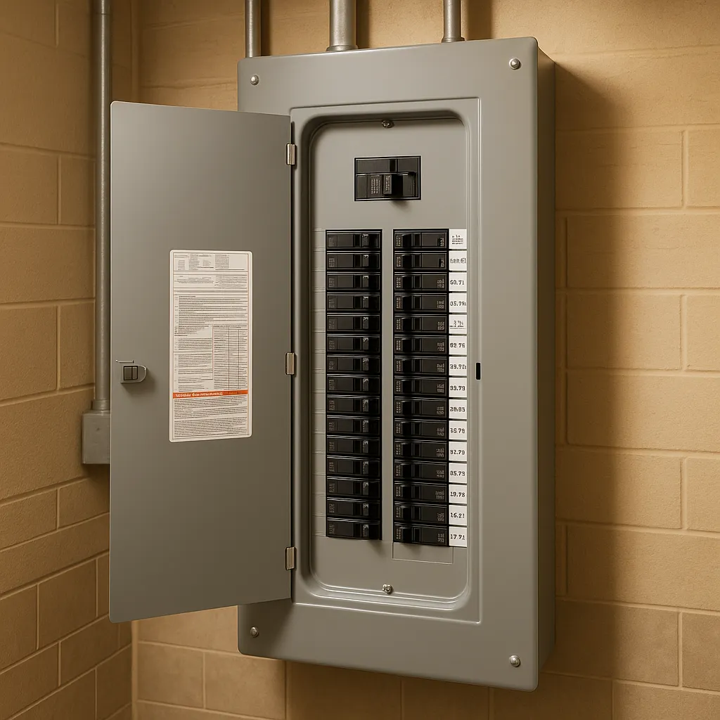 Modern 200-amp residential electrical panel with organized circuit breakers in a clean Minnesota home utility room