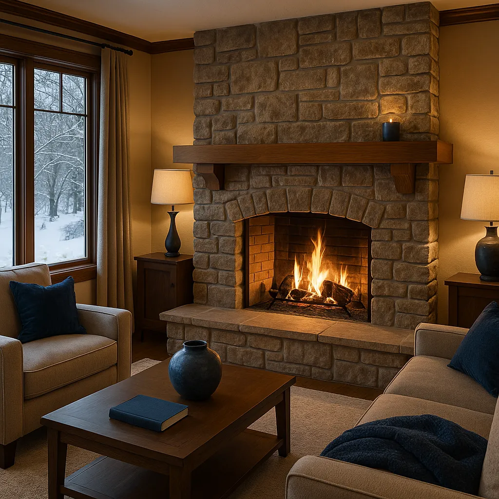 Cozy stone fireplace burning warmly in a Minnesota home living room in winter with snow visible through a nearby window