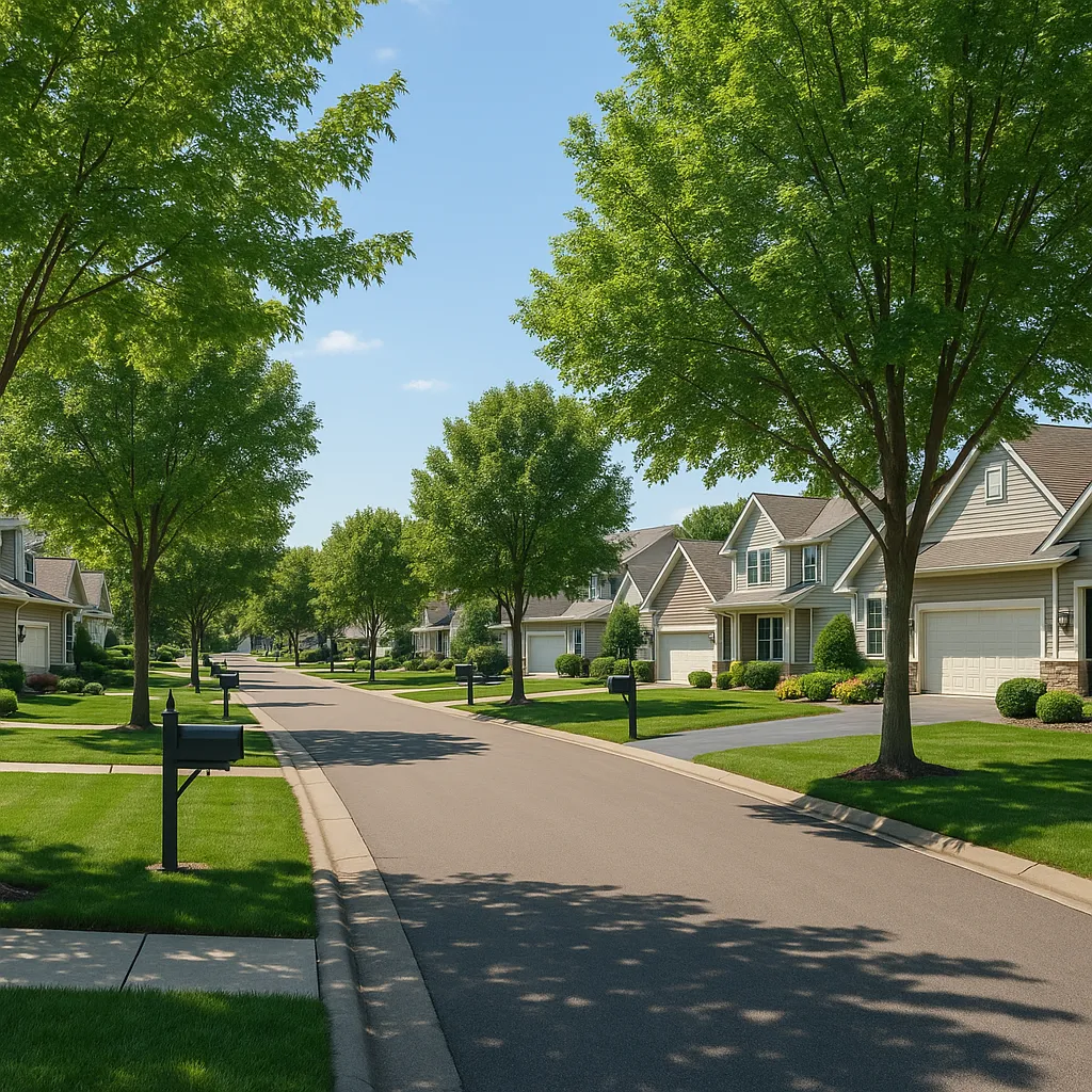 Beautifully maintained HOA neighborhood in Minnesota suburbs with consistent homes, manicured lawns, and tree-lined streets in summer