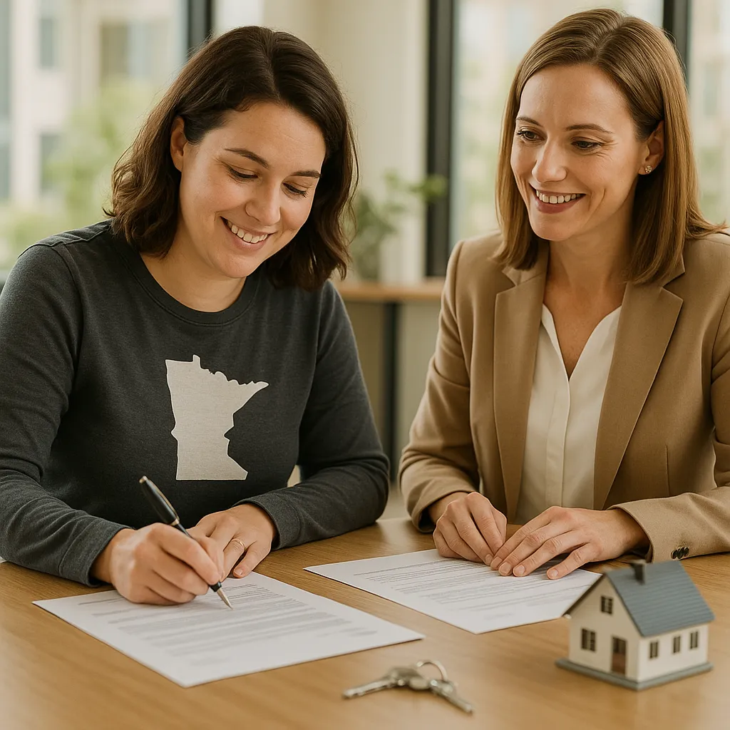 Minnesota home buyer signing closing documents at a table with a real estate agent, house keys and closing paperwork visible