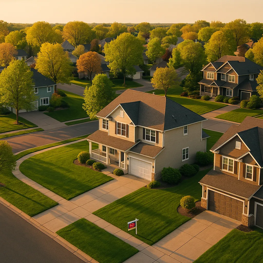 Aerial view of a Minnesota suburban neighborhood in late spring with a For Sale sign visible in front of a well-maintained home
