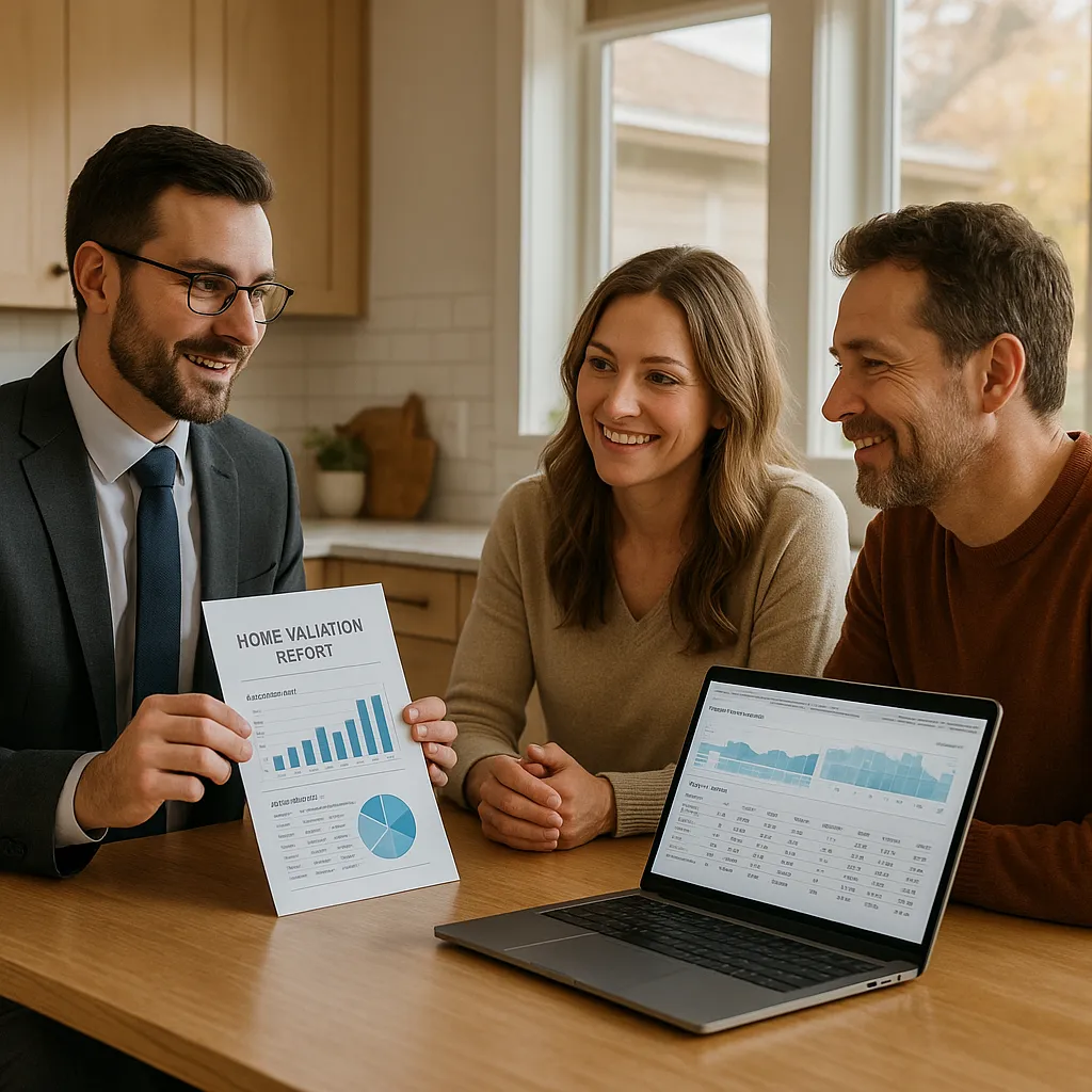 Real estate agent presenting a home valuation report to a Minnesota homeowner couple at a kitchen table with property data and neighborhood comps visible
