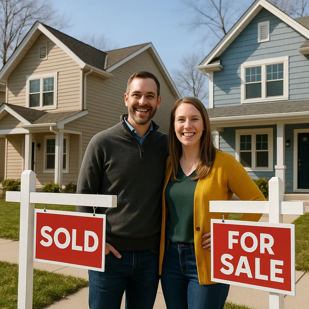 Minnesota couple standing confidently in front of two homes — one with a Sold sign and one with a For Sale sign — navigating a simultaneous home sale and purchase