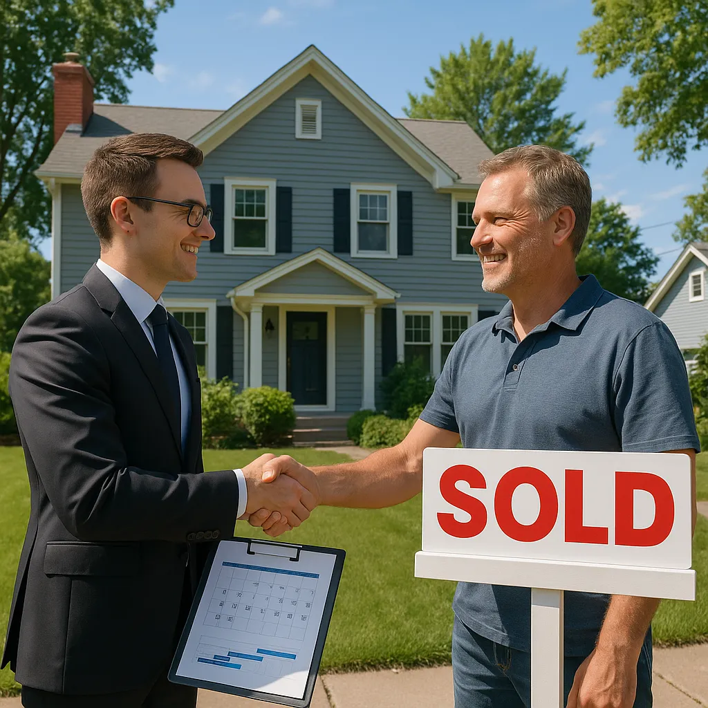 Real estate agent and Minnesota home seller shaking hands in front of a Sold sign, with a calendar and transaction timeline visible on a clipboard