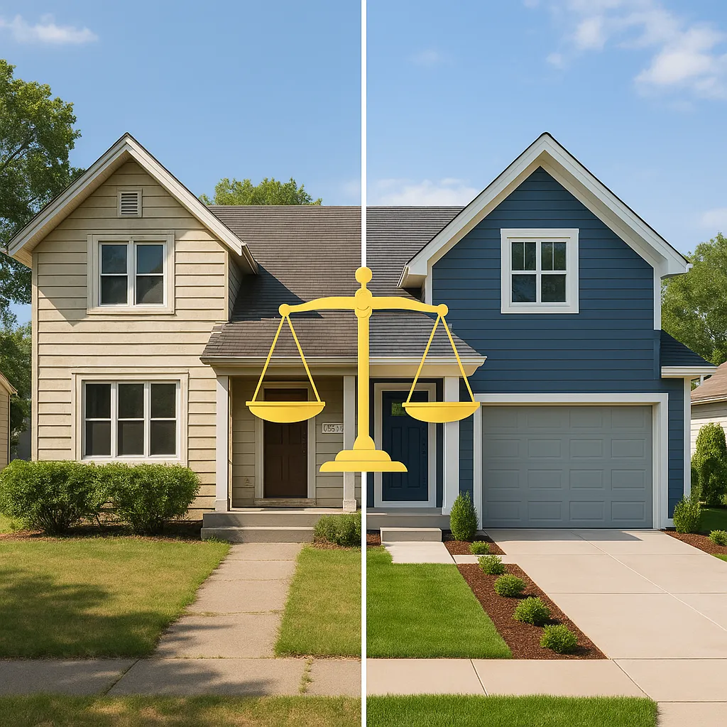Split-scene image of a Minnesota home — one side showing the house as-is and the other freshly updated — representing the seller's decision of whether to fix up before listing