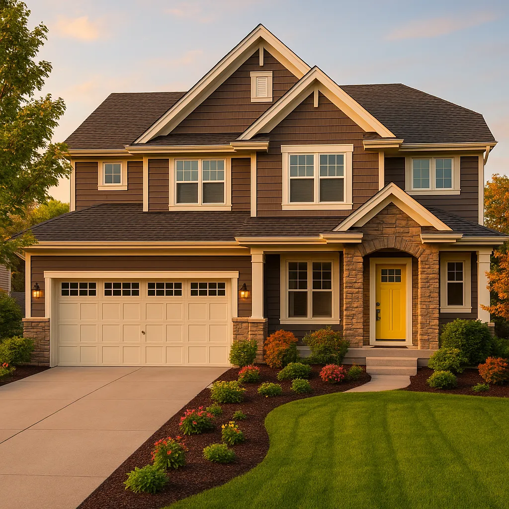 Beautiful Minnesota home exterior with stunning curb appeal in late spring — fresh landscaping, clean driveway, and a bright welcoming front door