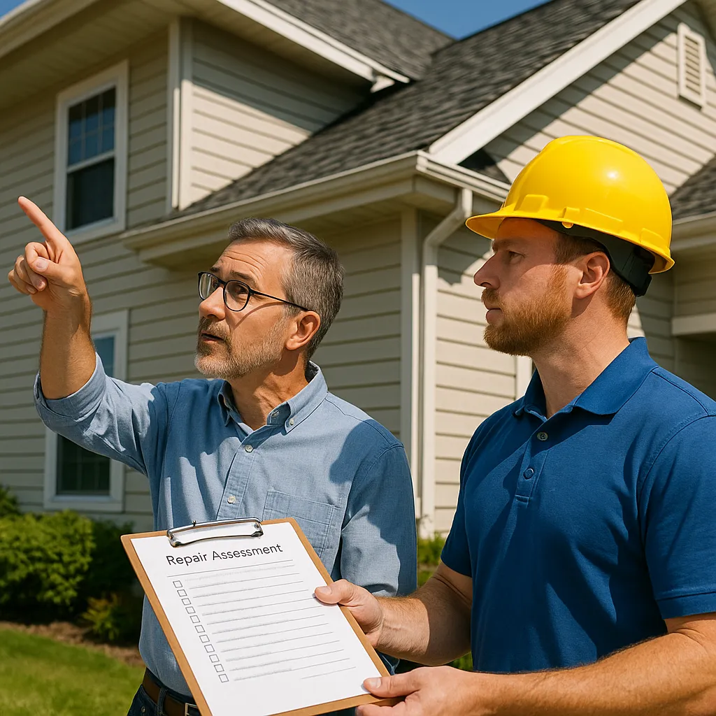 Minnesota homeowner and contractor reviewing a home repair assessment list together in front of a house pointing at the roof and siding