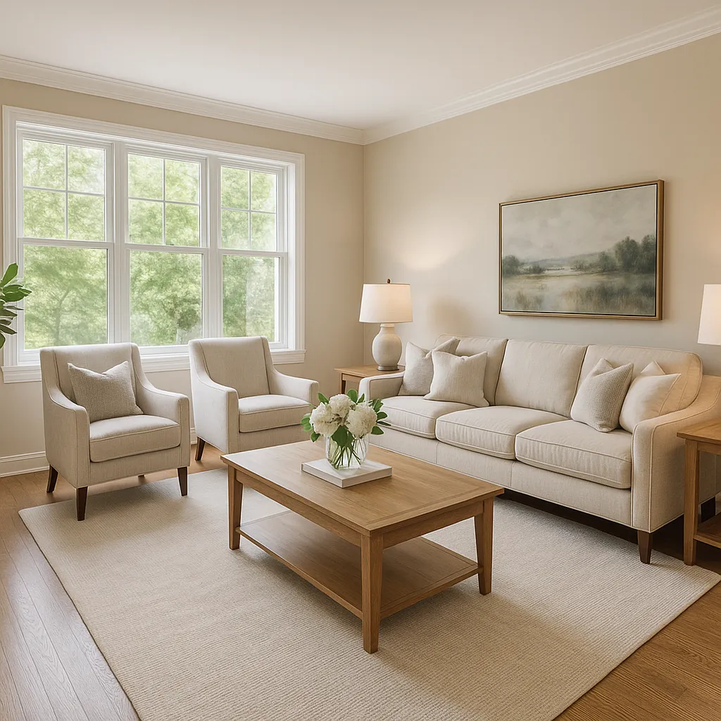 Beautifully staged Minnesota home living room in neutral tones with fresh flowers and natural light — ready for listing photos