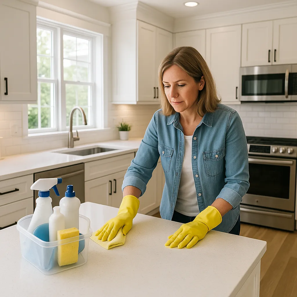 Minnesota homeowner deep cleaning a bright kitchen before listing — counters immaculate and home ready to show