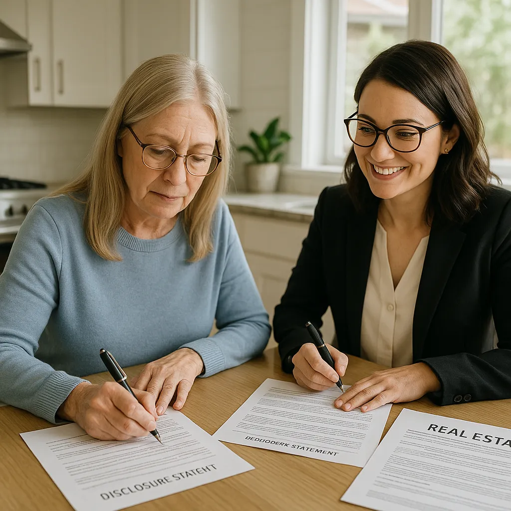 Minnesota home seller signing the seller's disclosure form at a kitchen table with a real estate agent reviewing the documents