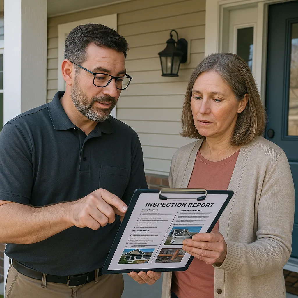 Professional home inspector reviewing a detailed inspection report with a Minnesota home seller on a front porch before listing