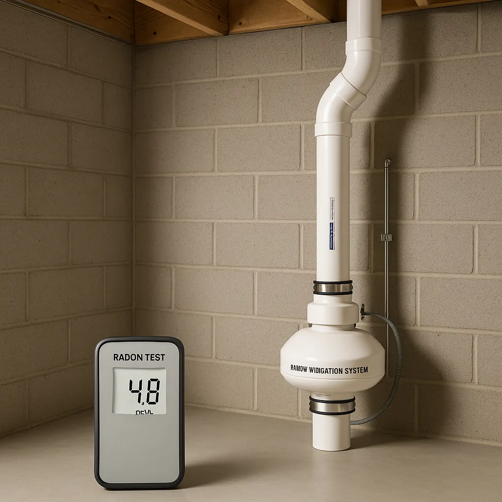 Radon test device and mitigation pipe system visible in a Minnesota home basement — informational and professional setting