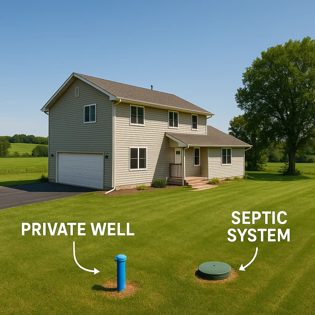 Minnesota rural home with a private well and property visible on a large lot — well and septic disclosure context