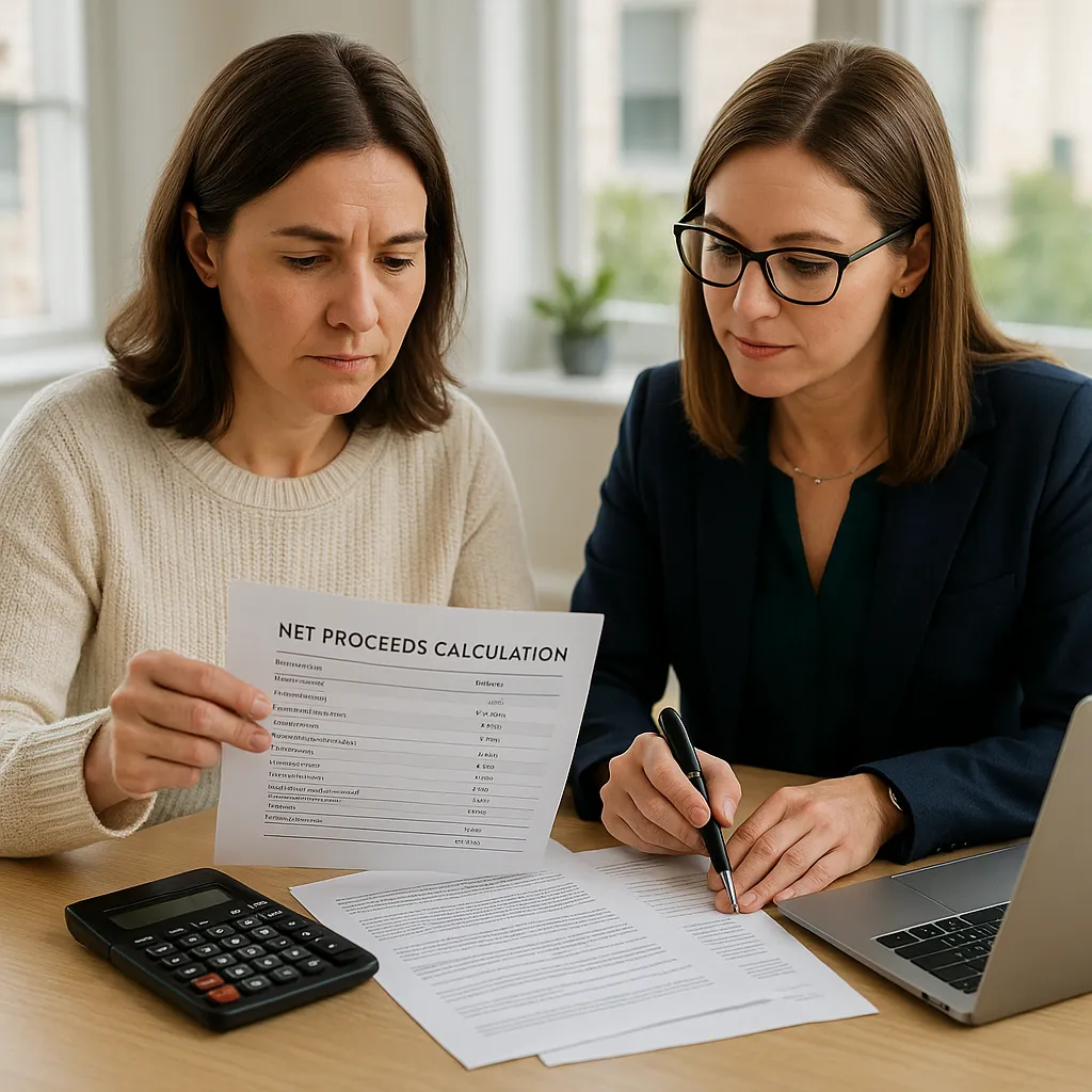 Minnesota home seller and real estate agent reviewing a net proceeds calculation sheet at a desk with a calculator and financial documents