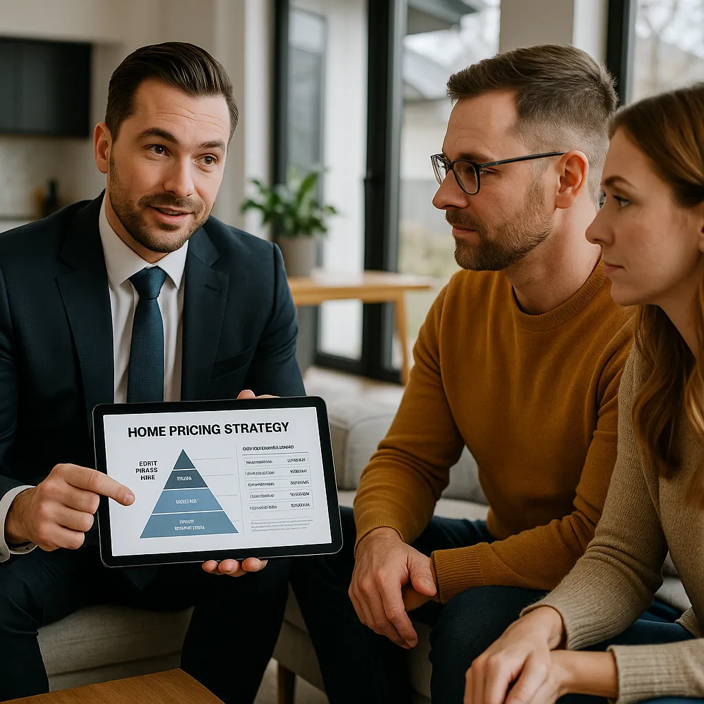 Real estate agent presenting a home pricing strategy on a tablet to a Minnesota home seller couple with comparable sales data visible