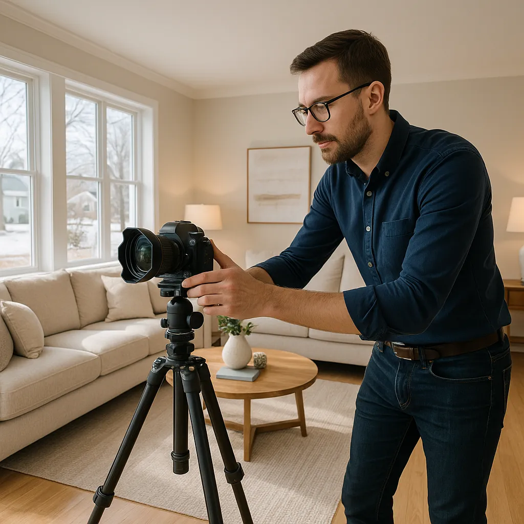 Professional real estate photographer setting up a camera on a tripod in a beautifully lit Minnesota home living room ready for listing photos