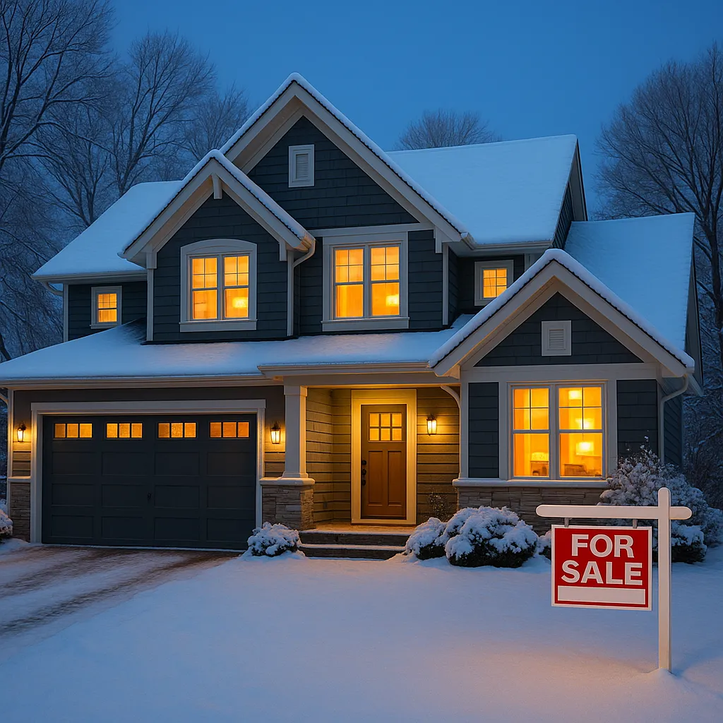 Beautiful Minnesota home exterior in winter with fresh snow and warm interior lights glowing through windows with a For Sale sign visible