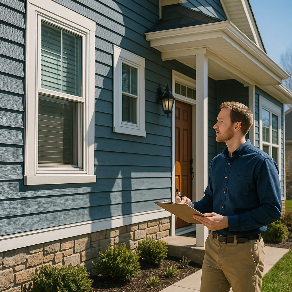 Minnesota homeowner with a clipboard doing a pre-listing checklist walkthrough of their home exterior on a sunny day