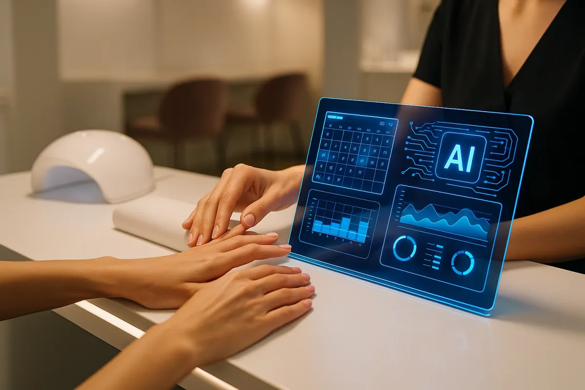 Modernes Nagelstudio mit KI-Dashboard auf Tablet – Bestes KI-Tool für Nagelstudios 2026 – GoHighLevel