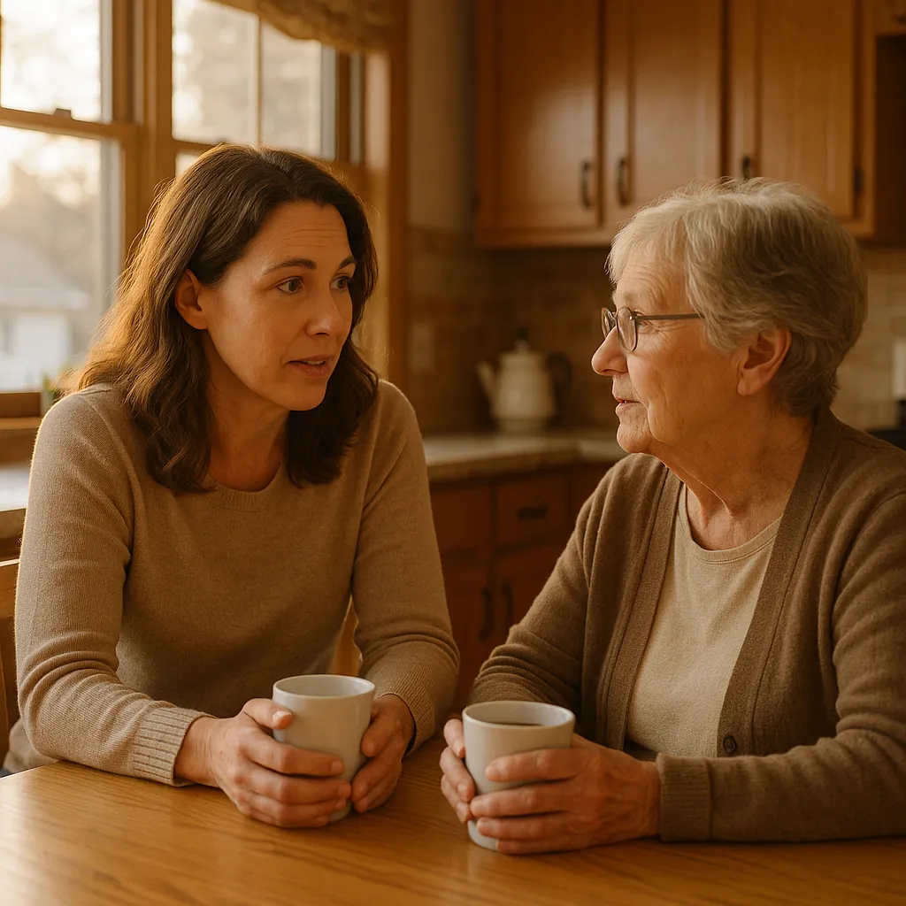Adult daughter having a warm caring rightsizing conversation with her elderly Minnesota mother at a kitchen table