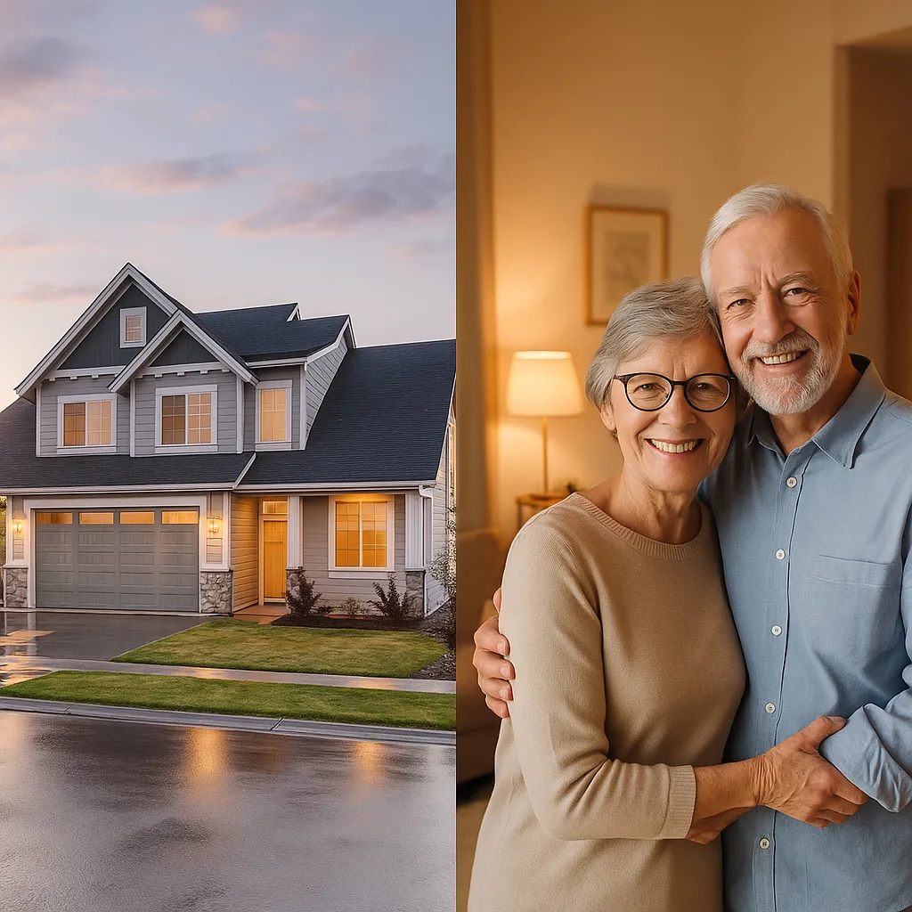 Split image comparing a large Minnesota family home with a cozy rightsized home where a senior couple smiles contentedly