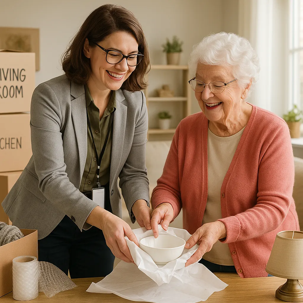 Professional senior move manager helping an elderly Minnesota woman carefully pack and organize belongings for a rightsizing move