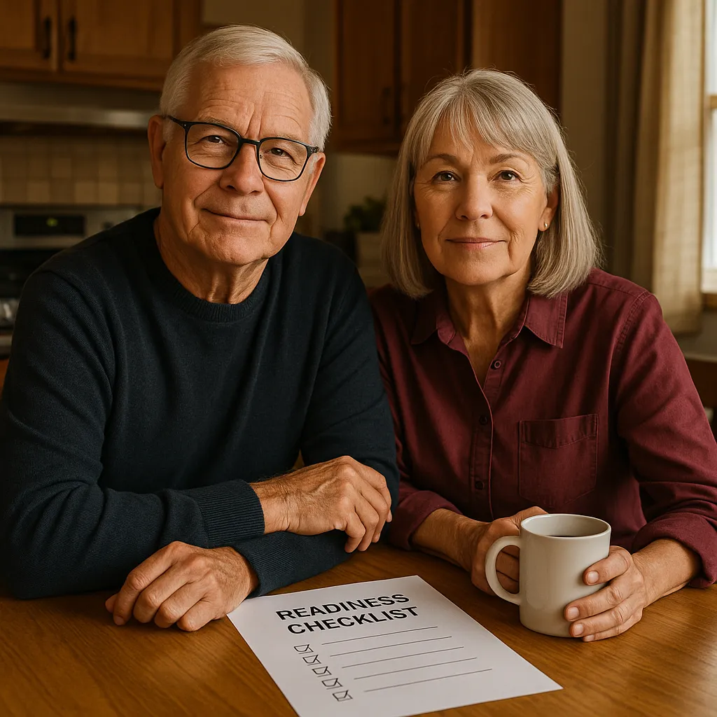 Confident Minnesota senior couple reviewing a rightsizing readiness checklist together at a kitchen table looking thoughtful and content