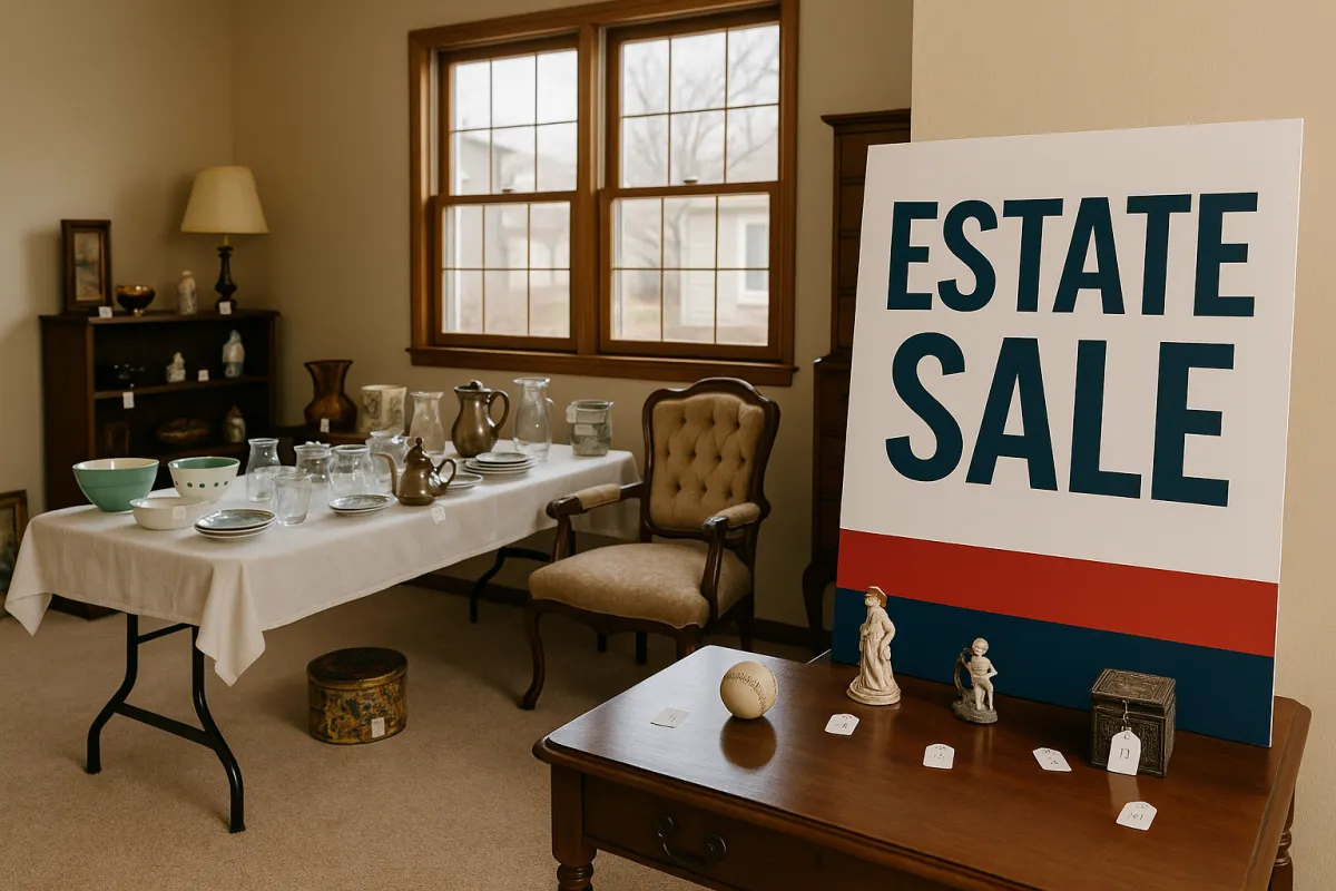 Well-organized estate sale inside a Minnesota family home with vintage furniture, antiques, and collectibles on display for buyers.