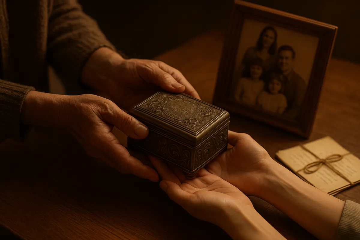 Close-up of older adult hands gently placing a vintage jewelry box into the hands of a younger family member, symbolizing intentional heirloom gifting before a Minnesota rightsizing move.