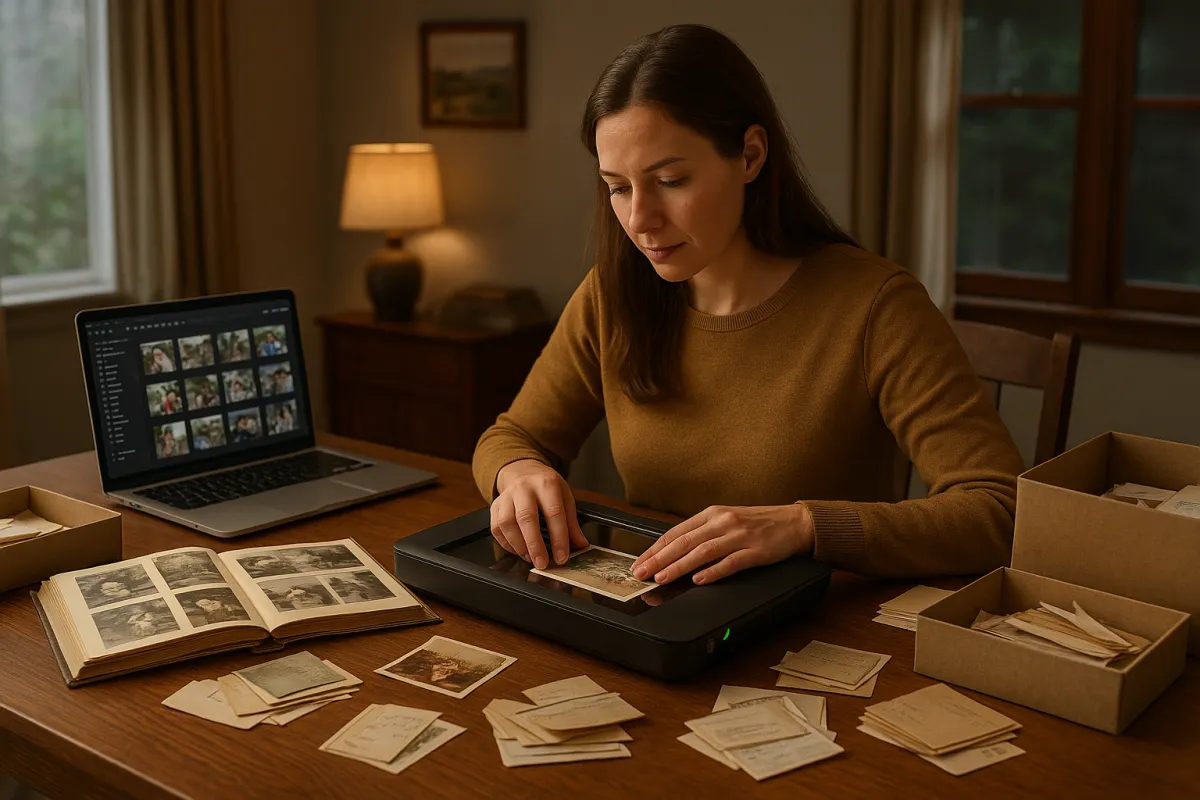Adult daughter scanning old family photographs on a flatbed scanner in a Minnesota home, with photo albums and boxes of memories ready for digital archiving.