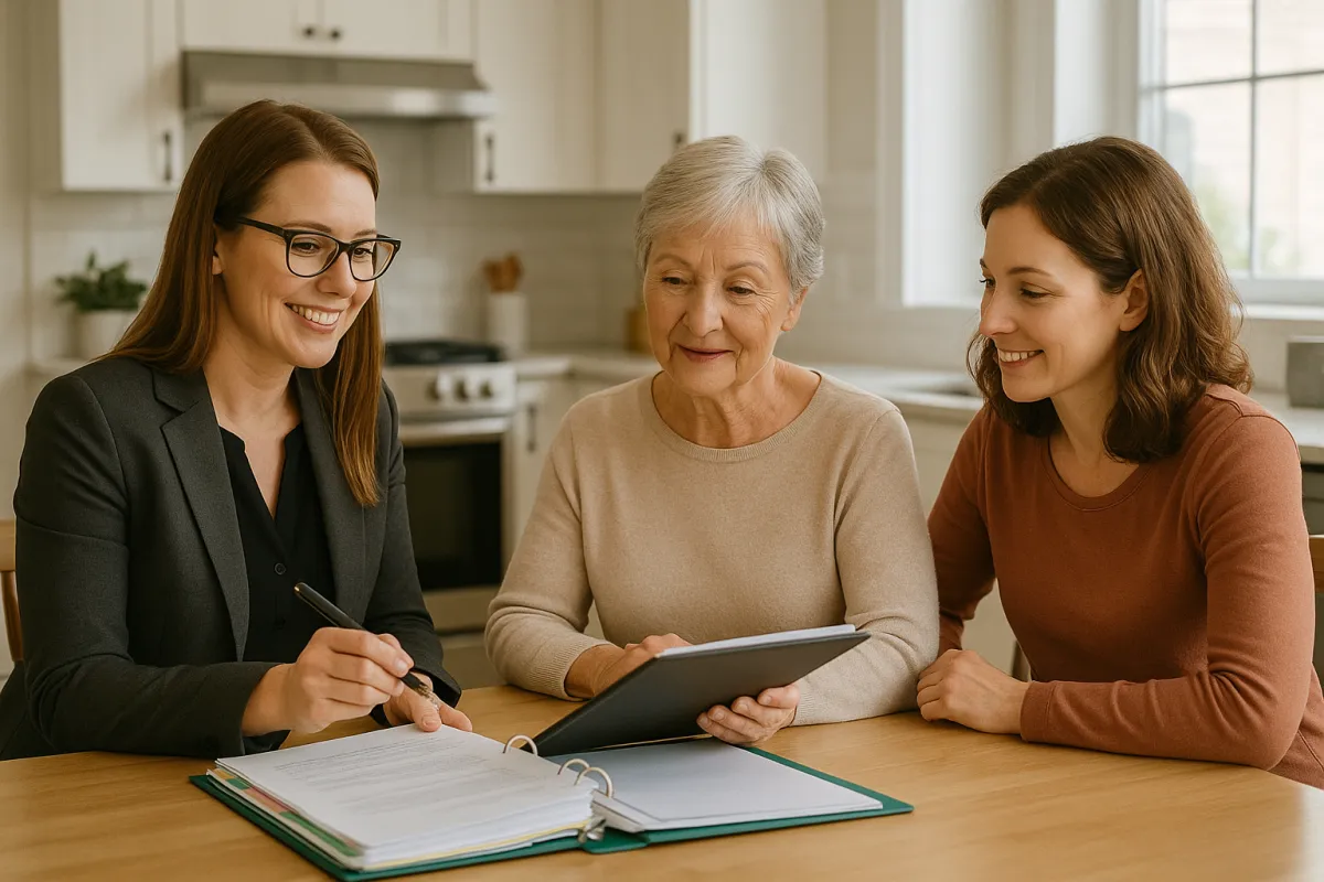 A professional organizer with a clipboard consults with a senior woman and her adult daughter at a kitchen table in a Wright County Minnesota home, reviewing a legacy sorting plan.