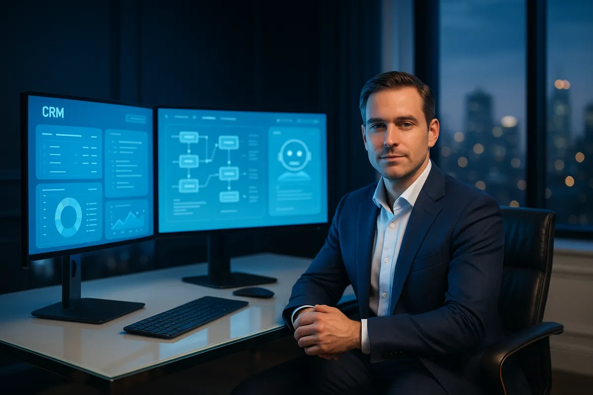 Unternehmensberater am modernen Arbeitsplatz mit KI-Dashboards auf mehreren Monitoren – Bestes KI-Tool für Unternehmensberater 2026