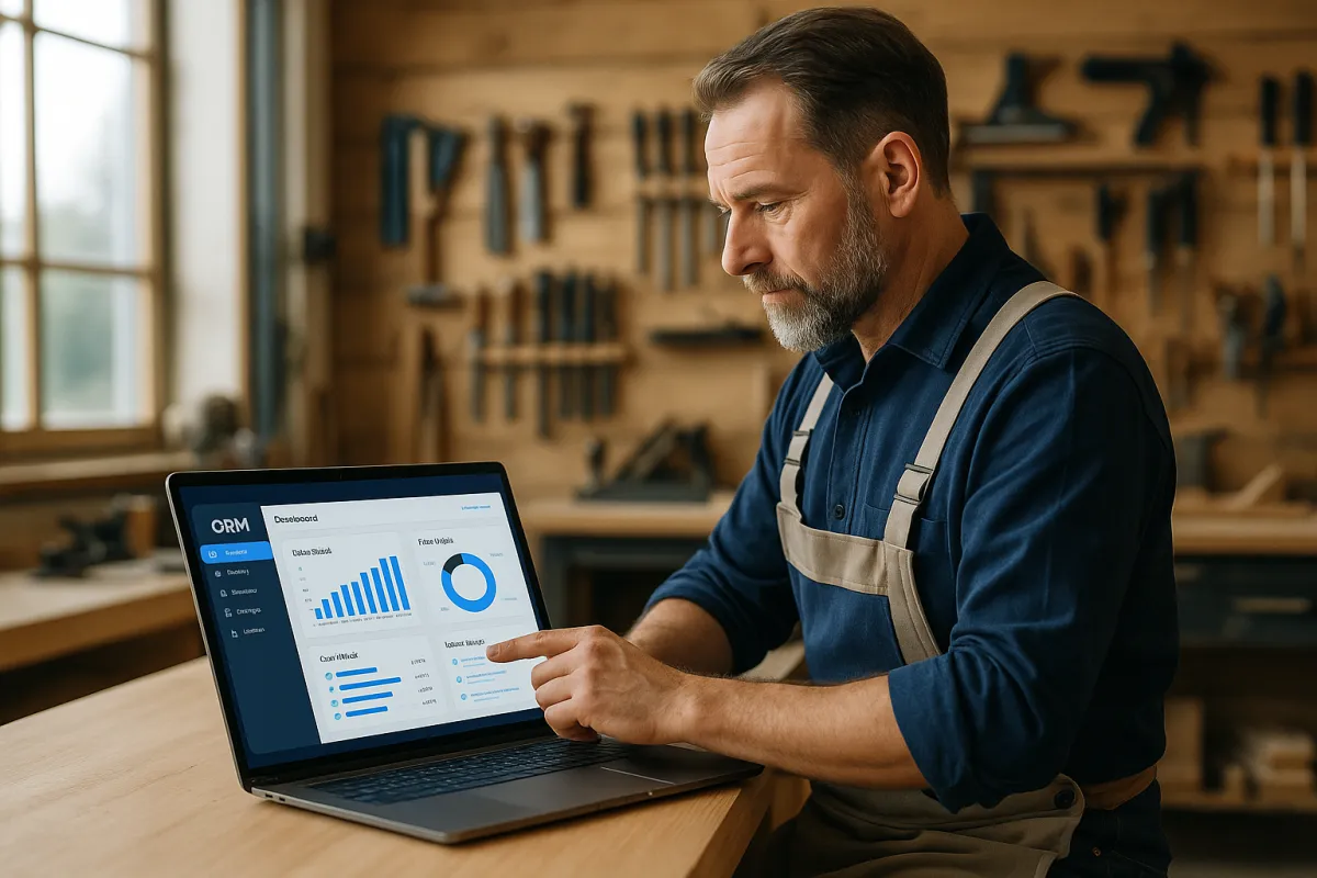 Schreiner im modernen Workshop mit CRM-Dashboard auf Laptop – Bestes CRM für Schreiner 2026