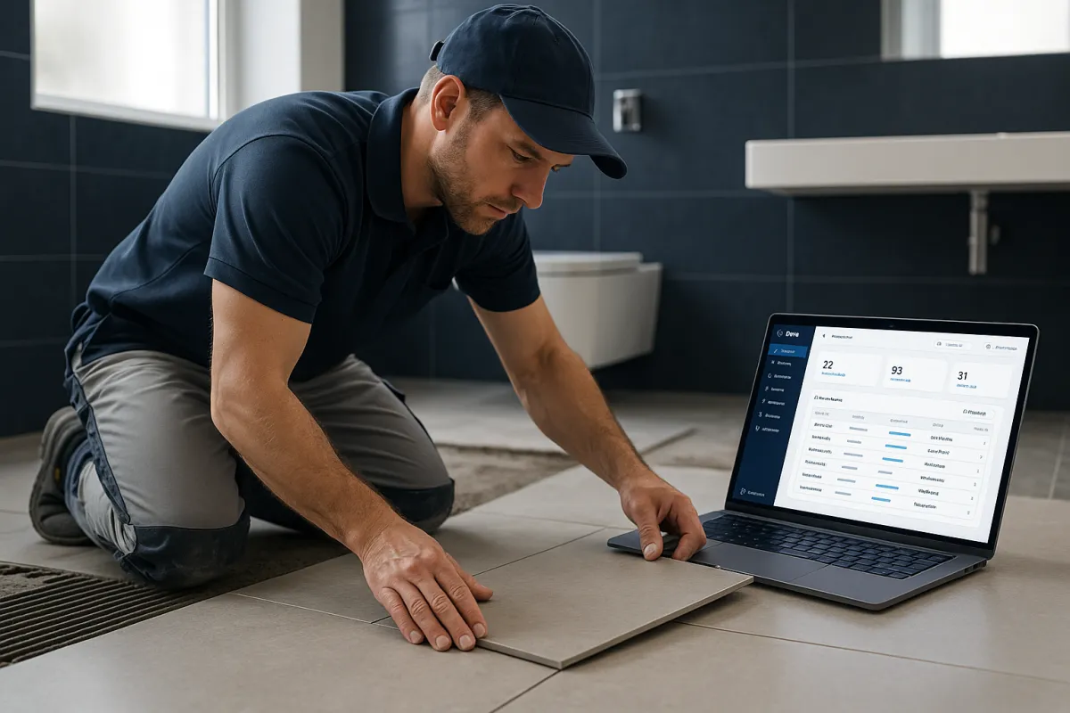 Fliesenleger arbeitet auf moderner Baustelle mit CRM-Software auf Tablet – Bestes CRM für Fliesenleger 2026