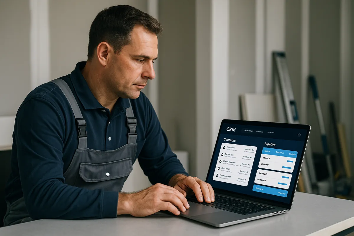 Trockenbauer in professioneller Baustellenumgebung mit CRM-Dashboard auf Laptop – Bestes CRM für Trockenbauer 2026