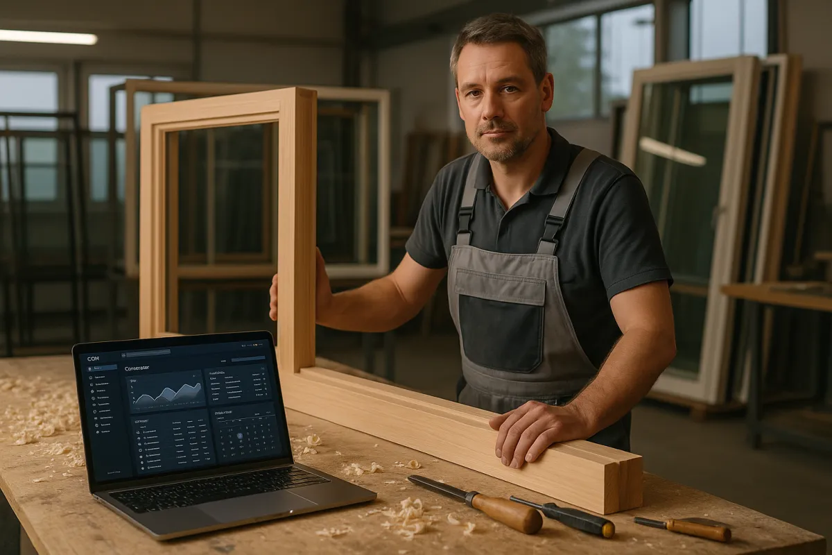 Fensterbauer in professioneller Werkstatt mit CRM-Dashboard auf Laptop – Bestes CRM für Fensterbauer 2026