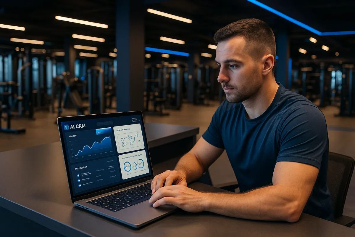 Fitnessstudio-Betreiber mit KI-CRM-Dashboard auf Laptop – Bestes KI-Tool für Fitnessstudios 2026