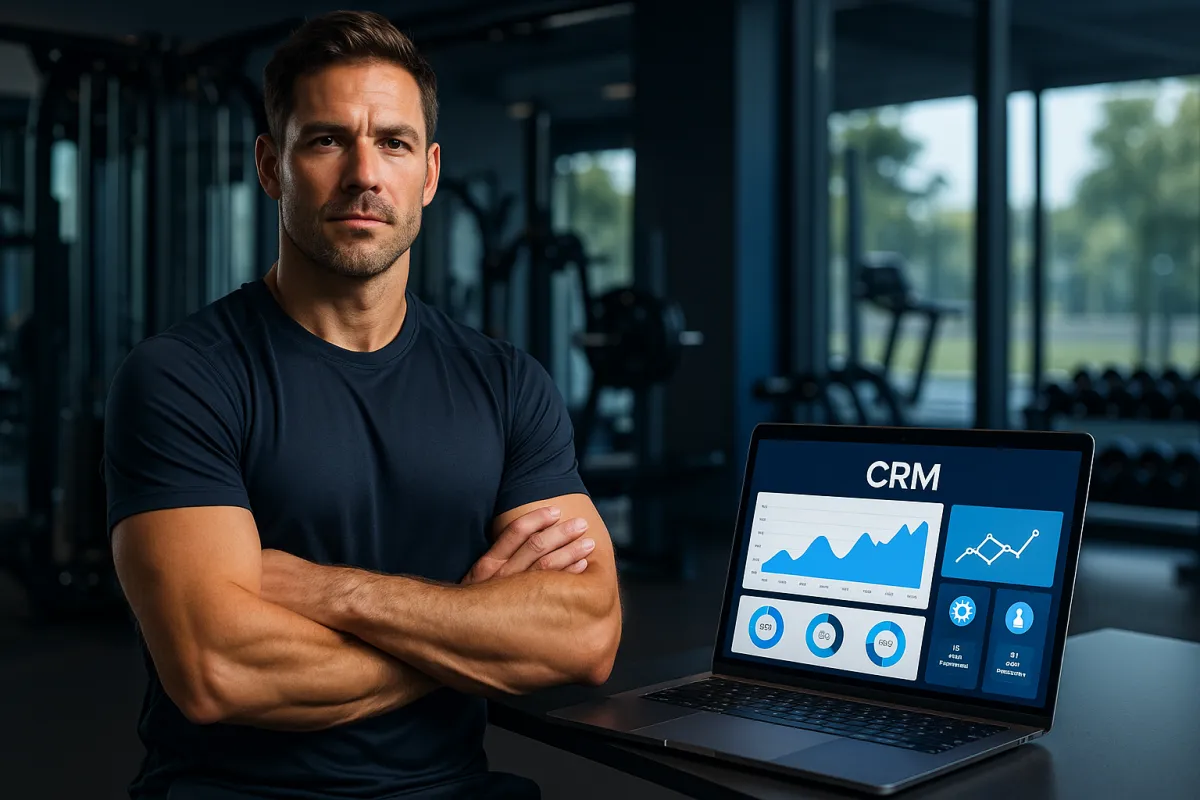 Personal Trainer im modernen Gym mit KI-CRM-Dashboard auf Laptop – Bestes KI-Tool für Personal Trainer 2026