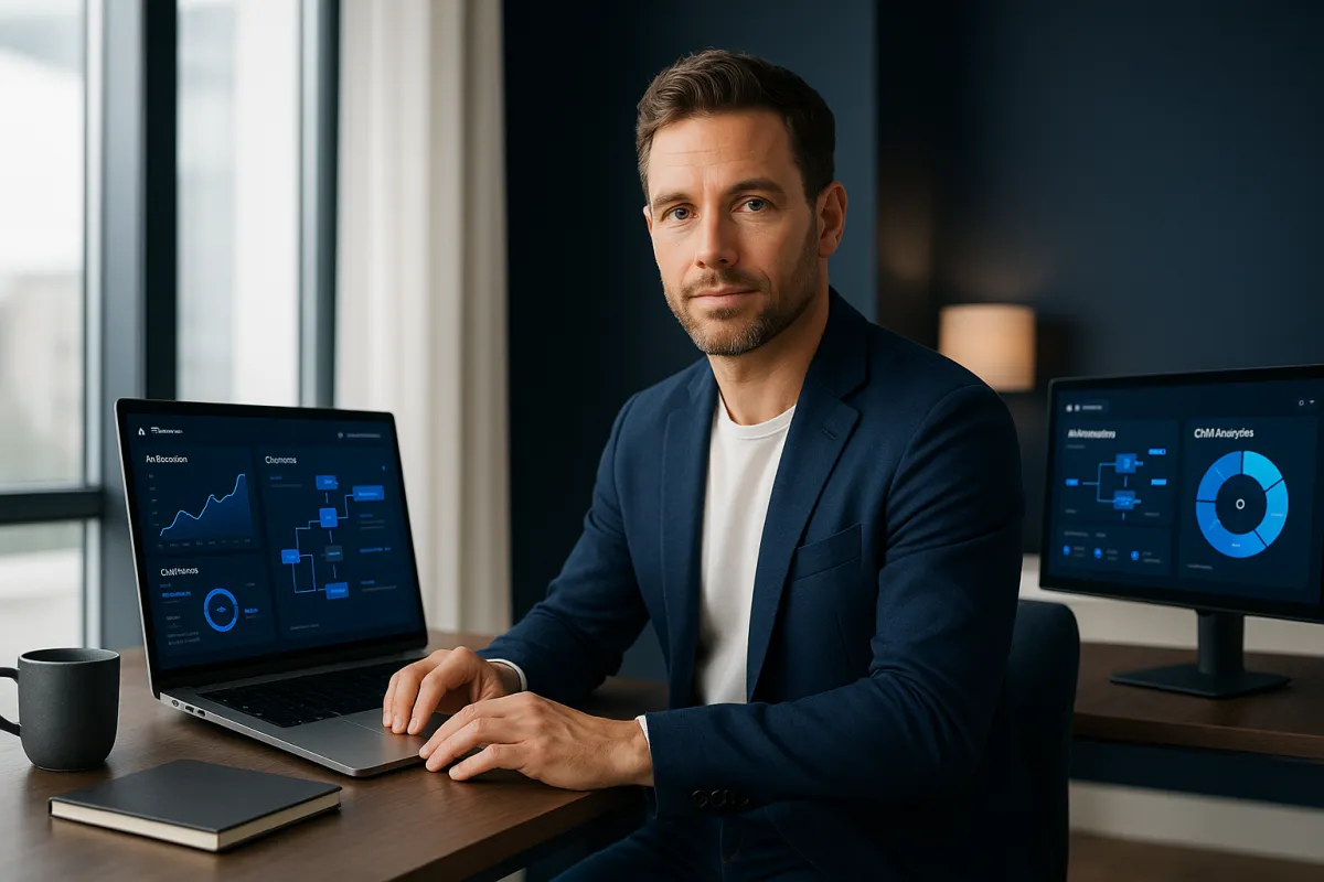 Coach am Laptop mit KI-CRM-Dashboard – Bestes KI-Tool für Coaches 2026