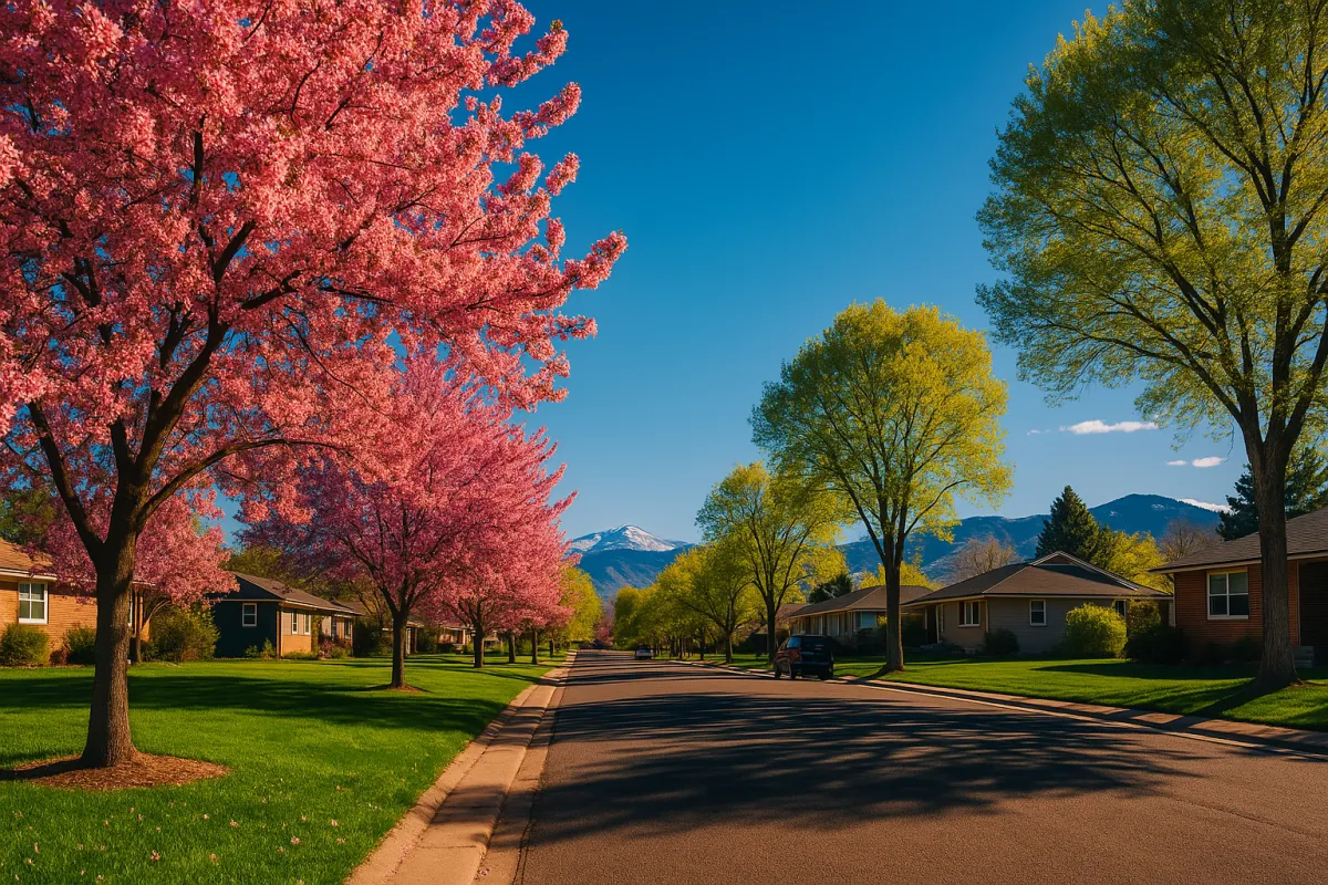 Spring afternoon on a tree-lined street in Littleton Colorado with the Rocky Mountain foothills in the background