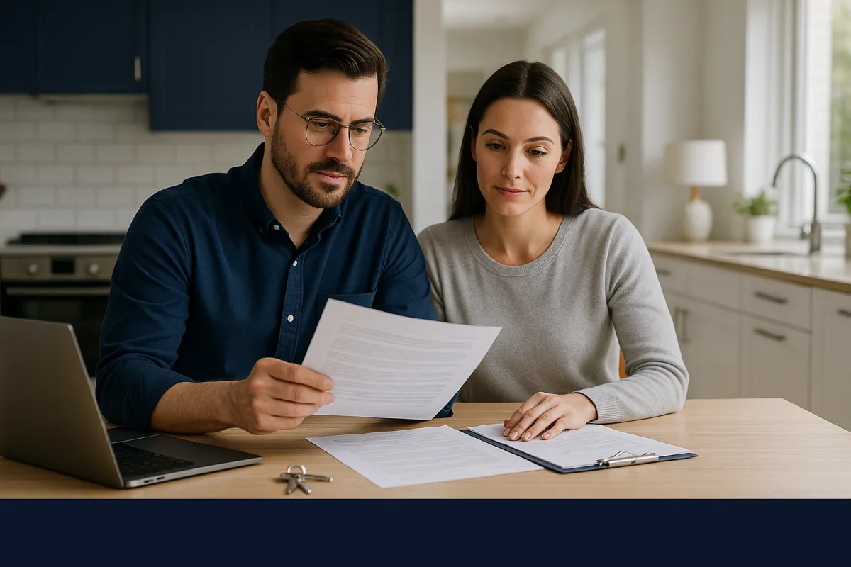 Confident homebuyer couple reviewing mortgage documents at home using smart strategies in 2026