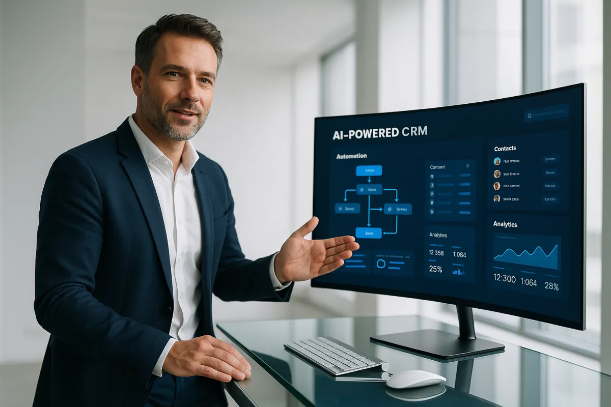 Business-Trainer mit KI-CRM-Dashboard am Laptop – Bestes KI-Tool für Trainer 2026 GoHighLevel