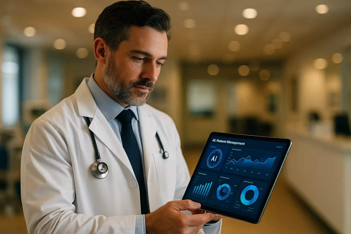 Arzt in weißem Kittel mit KI-CRM-Dashboard am Tablet in moderner Praxis – Bestes KI-Tool für Ärzte 2026 GoHighLevel