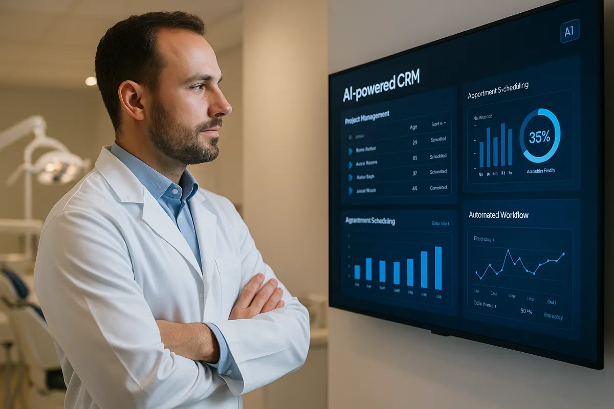 Zahnarzt in moderner Praxis mit KI-CRM-Dashboard auf Bildschirm – Bestes KI-Tool für Zahnärzte 2026 GoHighLevel