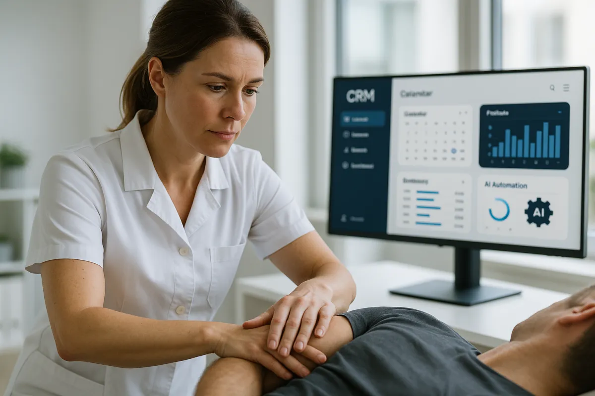 Physiotherapeutin behandelt Patienten in moderner Praxis mit KI-CRM-Dashboard – Bestes KI-Tool für Physiotherapeuten 2026 GoHighLevel